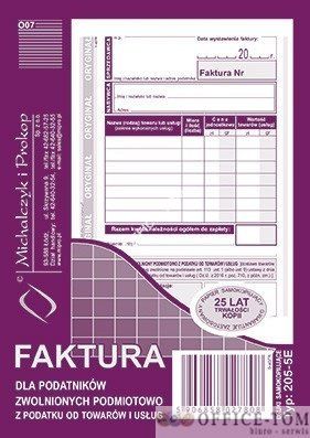 Faktura dla podatników zwolnionych podmiotowo z podatku od towarów i usług A6 (o+1k) Michalczyk i Prokop