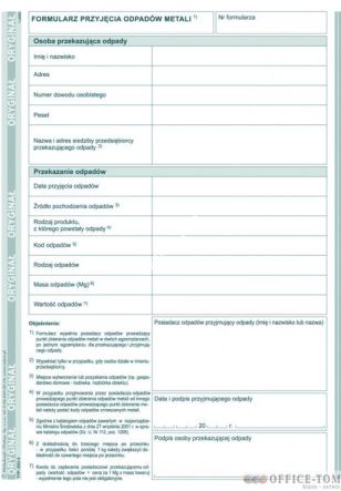 Formularz przyjęcia odpadów metali MICHALCZYK I PROKOP A5 80 kartek