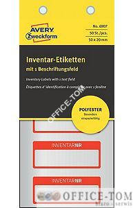 Etykiety inwentaryzacyjne poliestrowe 50x20; 50szt. czerwone 6907 Avery Zweckform